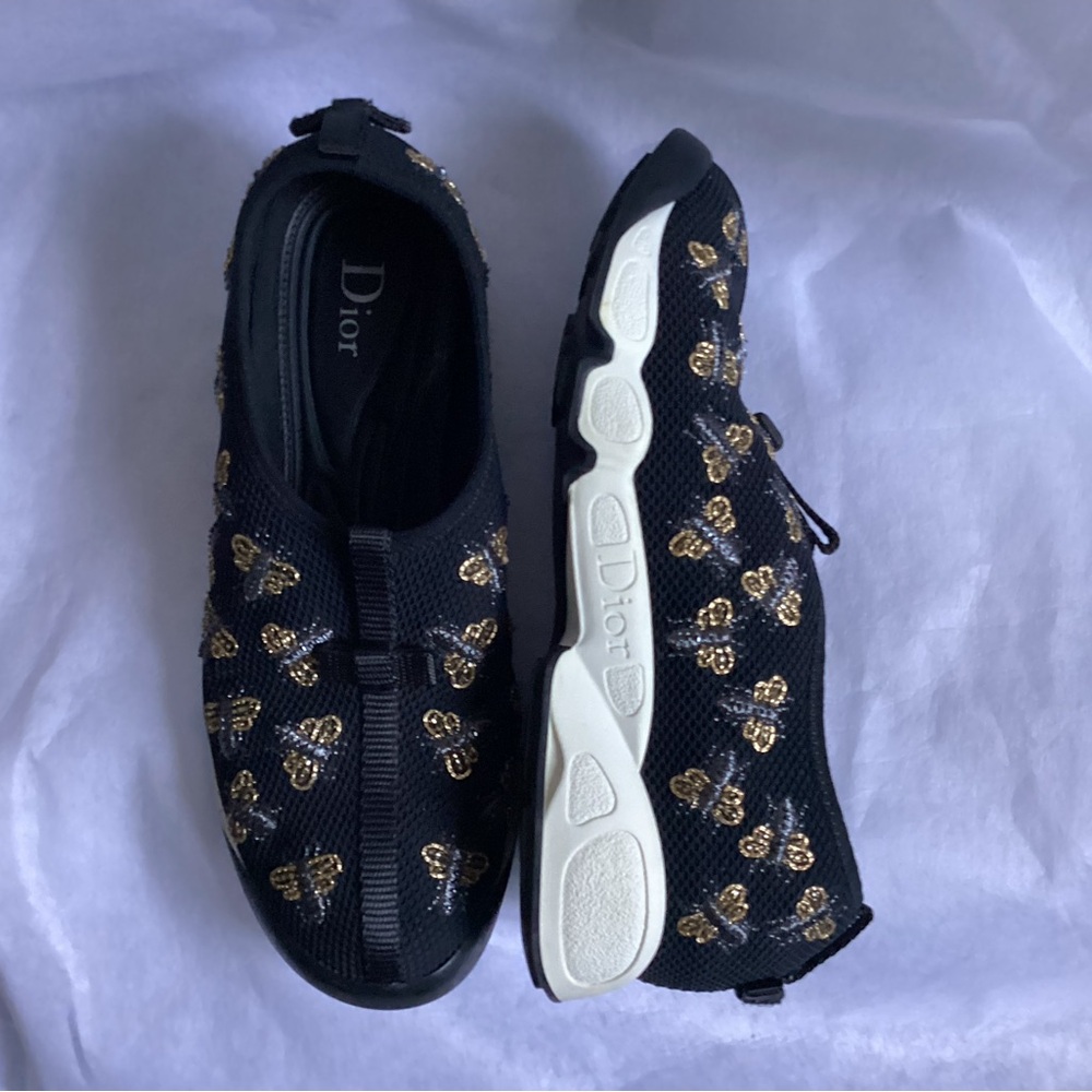 Authentic Dior Black Mesh Bee Embellished Fusion Sneaker, Size 7.5